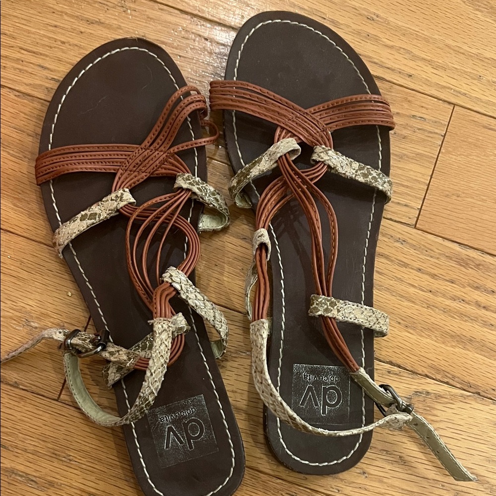 DV by Dolce Vita Strappy Brown and Cream Faux Snakeskin and Leather Flat Sandals